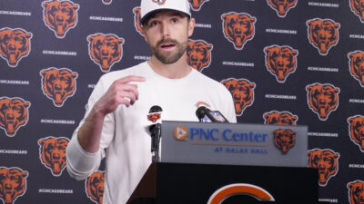 May 10, 2025; Lake Forest, IL, USA; Chicago Bears offensive coordinator Declan Doyle answers questions after rookie minicamp at Halas Hall.