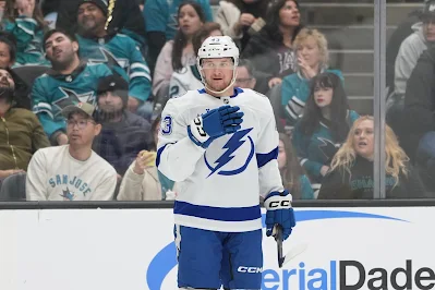 Tampa Bay Lightning defenseman Darren Raddysh celebrates goal during 2026 game.