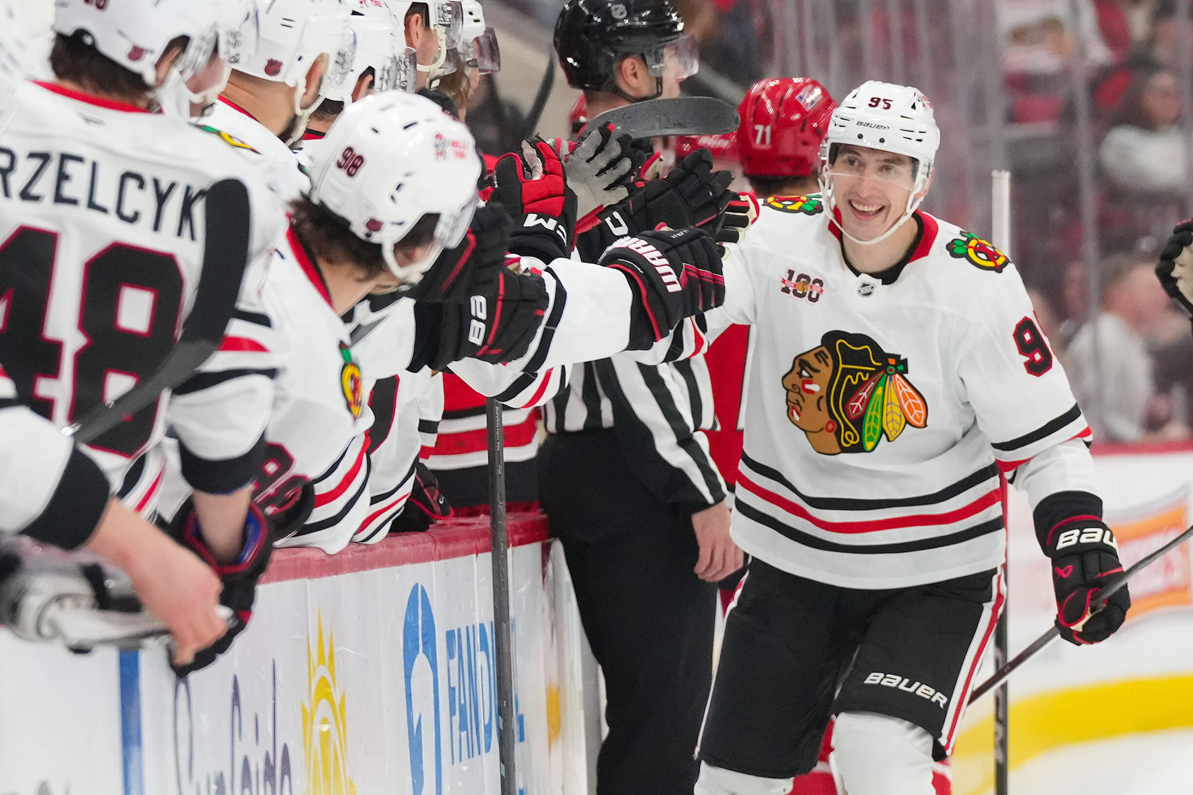 Ilya Mikheyev makes his way down the Blackhawks' fist-bump line.