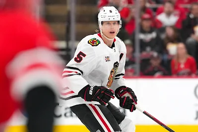 Chicago Blackhawks defenseman Connor Murphy reacts during 2025 game.