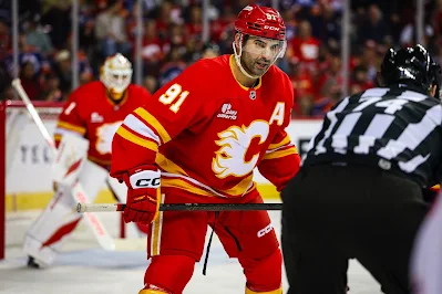 Calgary Flames center Nazem Kadri gets set to take a face off