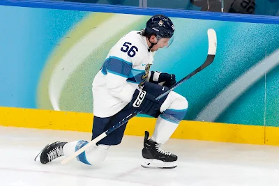 Team Finland's forward Erik Haula celebrates goal during 2026 Winter Olympics.