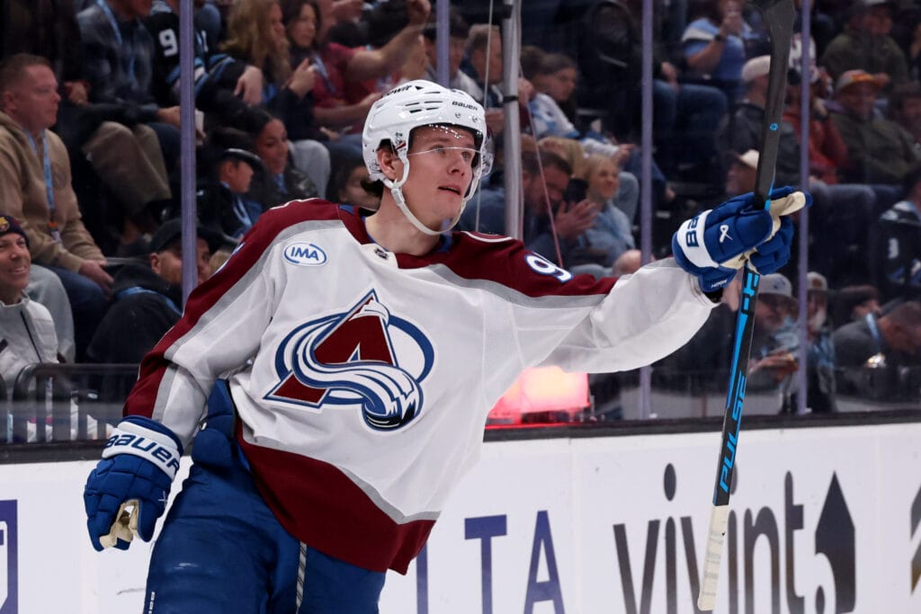 Colorado Avalanche left wing Victor Olofsson (95) celebrates after scoring a goal against the Utah Mammoth during the second period at Delta Center. Mandatory Credit: Rob Gray-Imagn Images