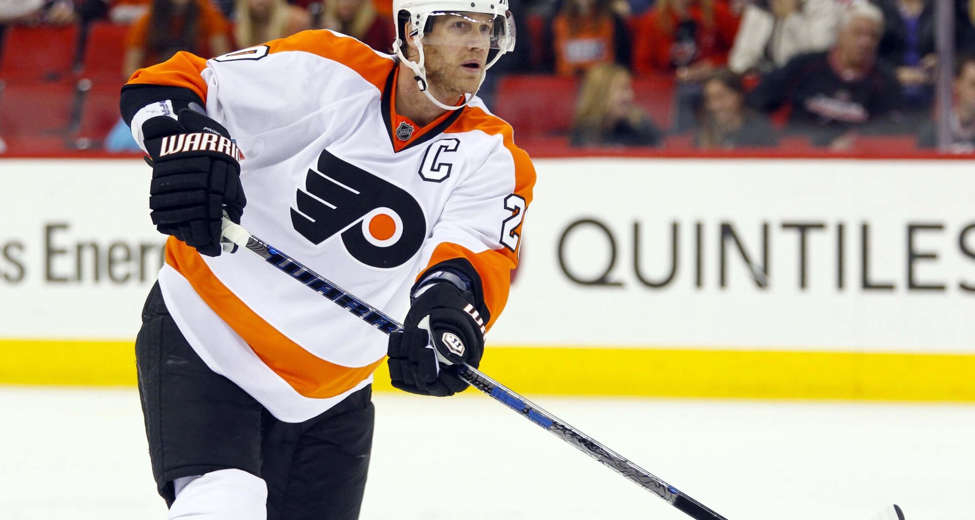 November 14, 2011; Raleigh, NC, USA; Philadelphia Flyers defensemen Chris Pronger (20) against the Carolina Hurricanes at the RBC center. The Flyers defeated the Hurricanes 5-3.