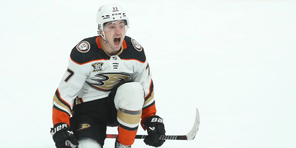 Frank Vatrano celebrating a goal with the Anaheim Ducks