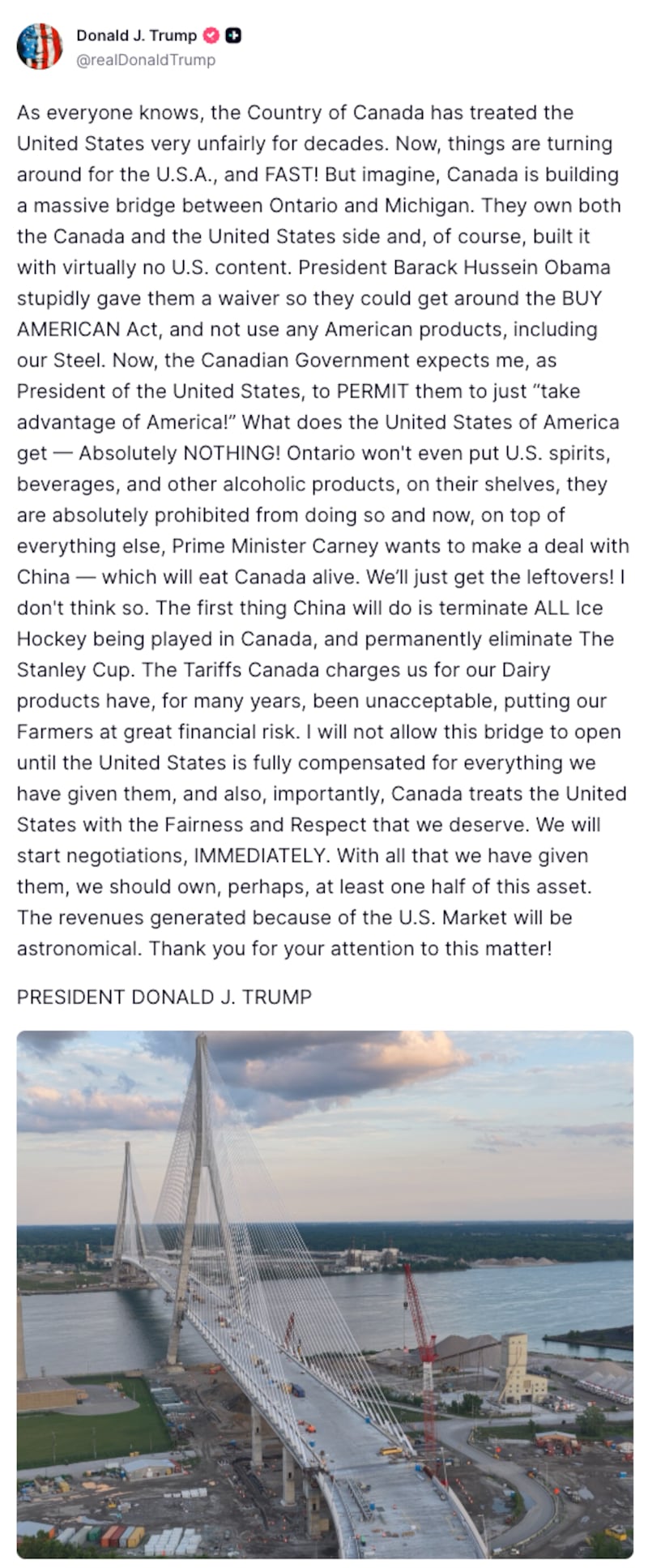 Donald Trump Truth Social post about the Gordie Howe bridge