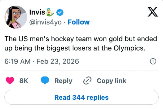 Tweet mocking the US men's hockey team for winning gold but being called the biggest losers at the Olympics, posted on February 23, 2026