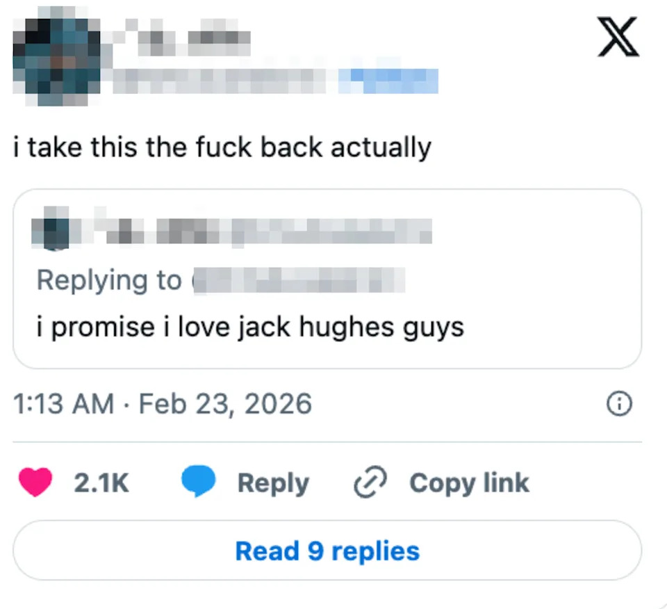 Tweet by user: "i take this the fuck back actually" in response to their past tweet, "i promise i love jack hughes guys."