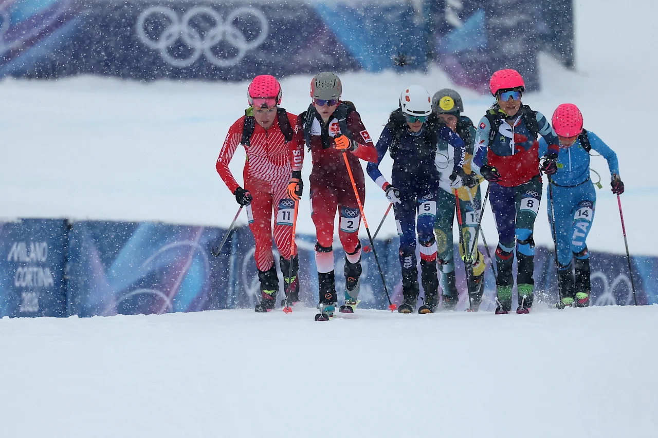 BORMIO, ITALY - FEBRUARY 19: Johanna Hiemer of Team Austria, Marianne Fatton of Team Switzerland, Marianna Jagercikova of Team Slovakia and Margot Ravinel of Team France compete during heat 2 of the Ski Mountaineering Women's Sprint on day thirteen of the Milano Cortina 2026 Winter Olympic games at Stelvio Alpine Skiing Centre on February 19, 2026 in Bormio, Italy. (Photo by Christian Petersen/Getty Images)