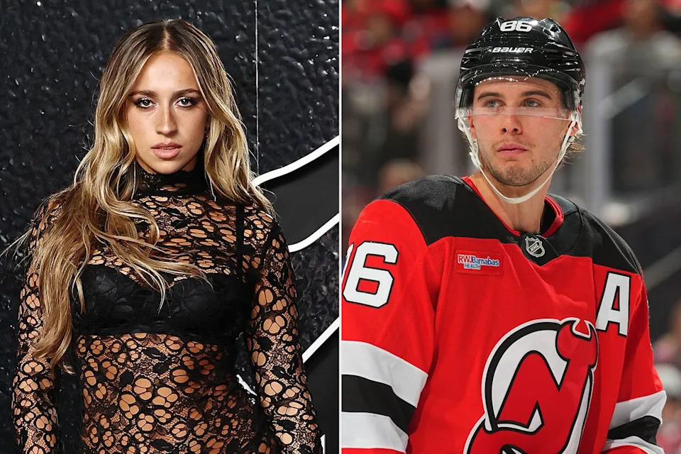 Tate McRae attends the 2024 MTV Video Music Awards on September 11, 2024 in Elmont, New York ; Jack Hughes #86 of the New Jersey Devils during an NHL game on November 6, 2025 at the Prudential Center in Newark, New Jersey. Jamie McCarthy/WireImage ; Rich Graessle/NHLI via Getty