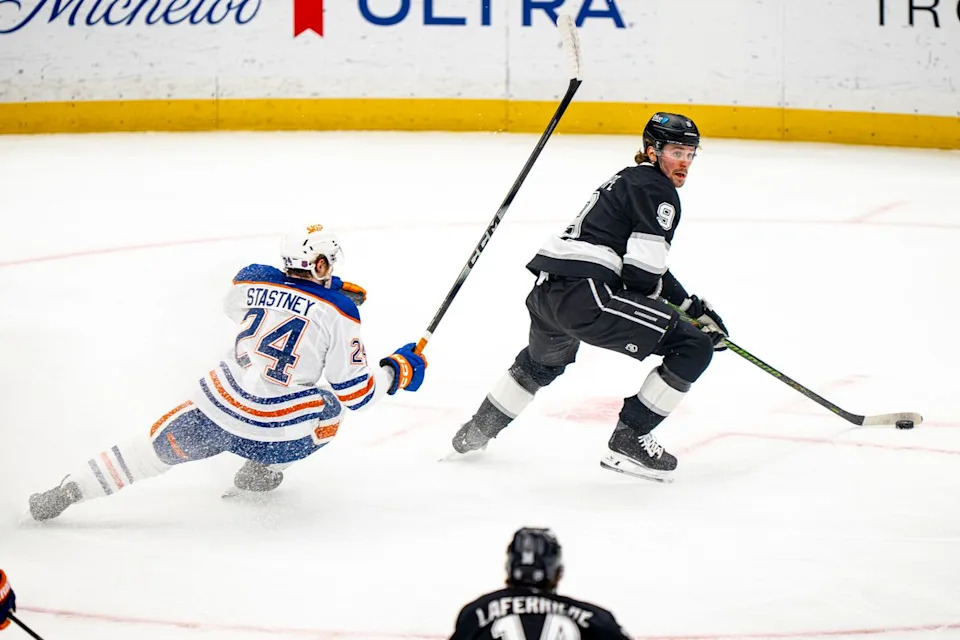 Los Angeles Kings defenseman Drew Doughty (8) turning the puck over for the Kings during an NHL hockey game against the Edmonton Oilers on February 26th, 2026 in Los Angeles, CA.