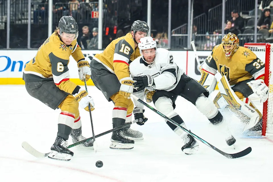 Vegas Golden Knights D Kaedan Korczak (6) plays the puck during an NHL game against the Los Angeles Kings on Thursday February 5, 2026, in Las Vegas, Nevada. 