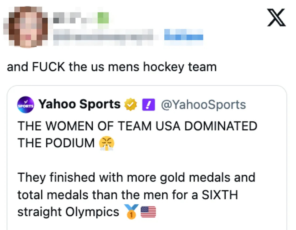 Tweet criticizing the US men's hockey team; highlights Team USA women's dominance in Olympics