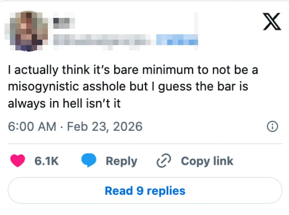A social media post criticizing misogyny, noting that avoiding it should be basic behavior but acknowledging that expectations are low