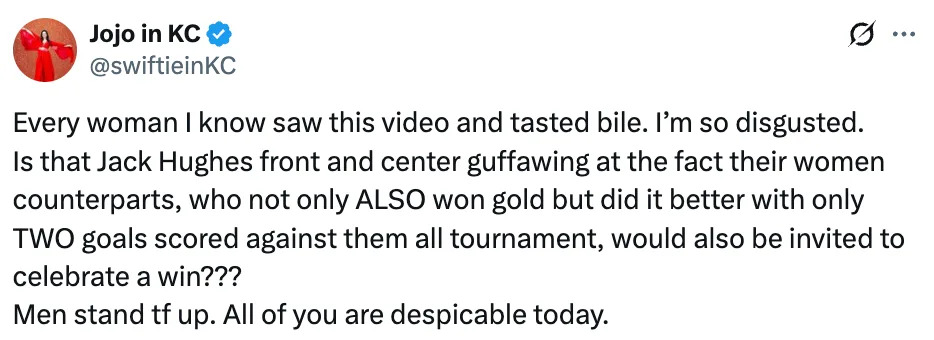 Tweet expressing disgust over Jack Hughes seemingly mocking women's achievements; questions his inclusion in a celebration