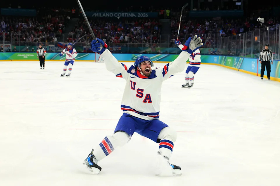Dylan Larkin of Team United States celebrates after scoring a goal in the semifinal between the United States and Slovakia at the 2026 Milan Cortina Winter Olympics.&lpar;Photo by Bruce Bennett&sol;Getty Images&rpar;