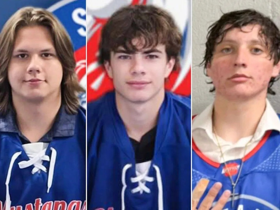  Southern Alberta Mustangs players JJ Wright, left to right, Cameron Casorso, and Caden Fine are shown in this handout image.