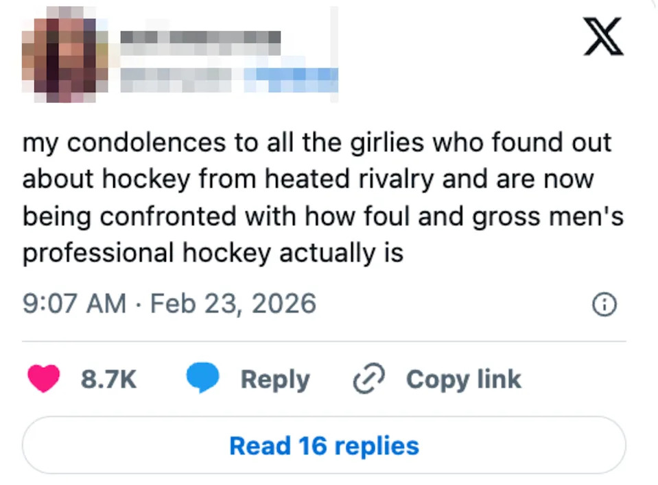 Tweet by user expressing surprise at the reality of men's professional hockey compared to its heated rivalries
