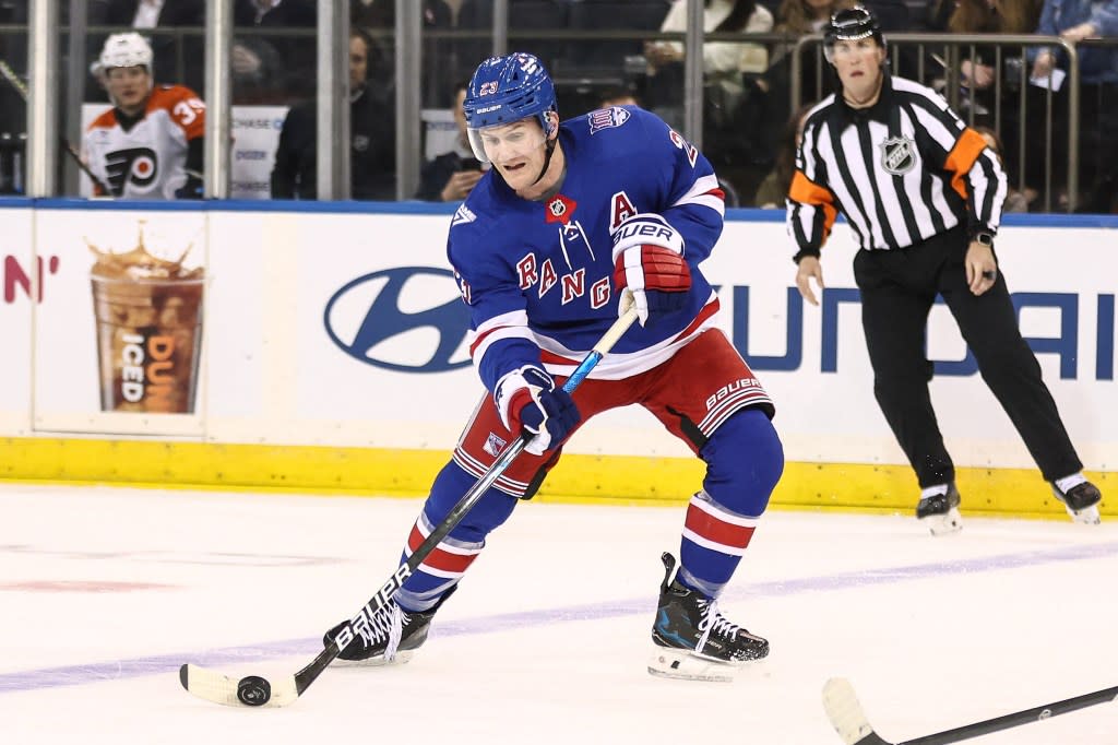 Adam Fox looks to make a pass during the Rangers’ 3-2 overtime loss to the Flyers at the Garden on Feb. 26, 2026. Wendell Cruz-Imagn Images
