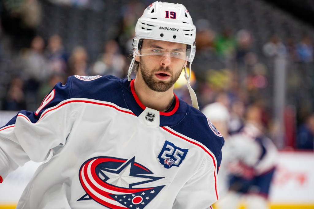 Adam Fantilli #19 of the Columbus Blue Jackets in warmups.