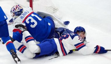 Tage Thompson scores a goal before leaving Team USA's semifinal victory with an injury