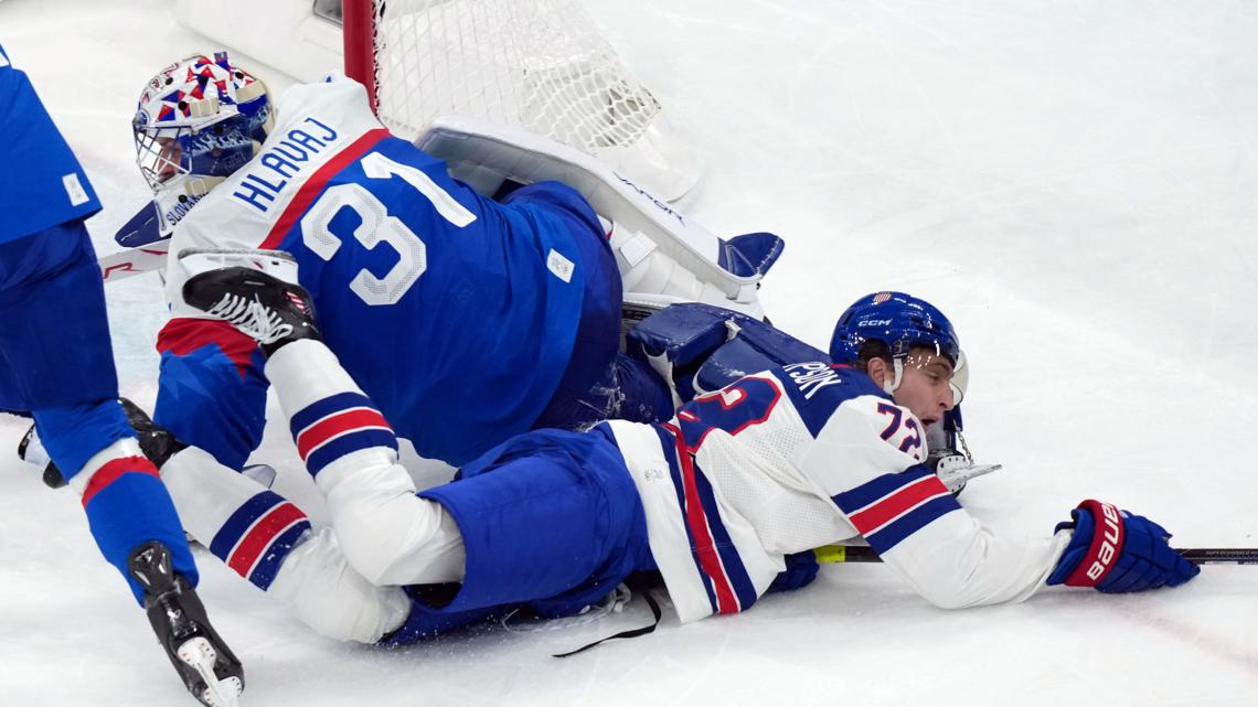Tage Thompson scores a goal before leaving Team USA's semifinal victory with an injury