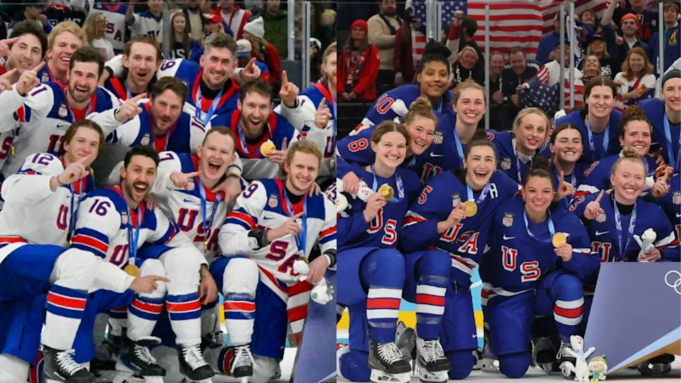 Mirror images: Both US teams beat Canada 2-1 in overtime within three days. Left: Men's gold (Feb 22). Right: Women's gold (Feb 19). Photos: USA Hockey/Instagram