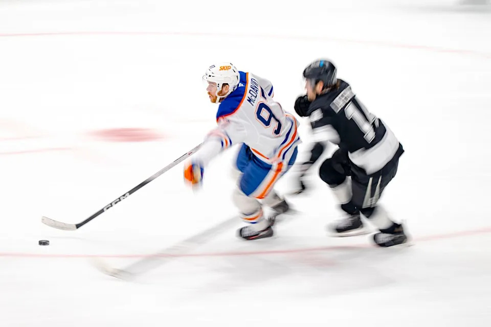 Los Angeles Kings right wing Alex Laferriere (14) keeping up with an Oiler during an NHL hockey game against the Edmonton Oilers on February 26th, 2026 in Los Angeles, CA.