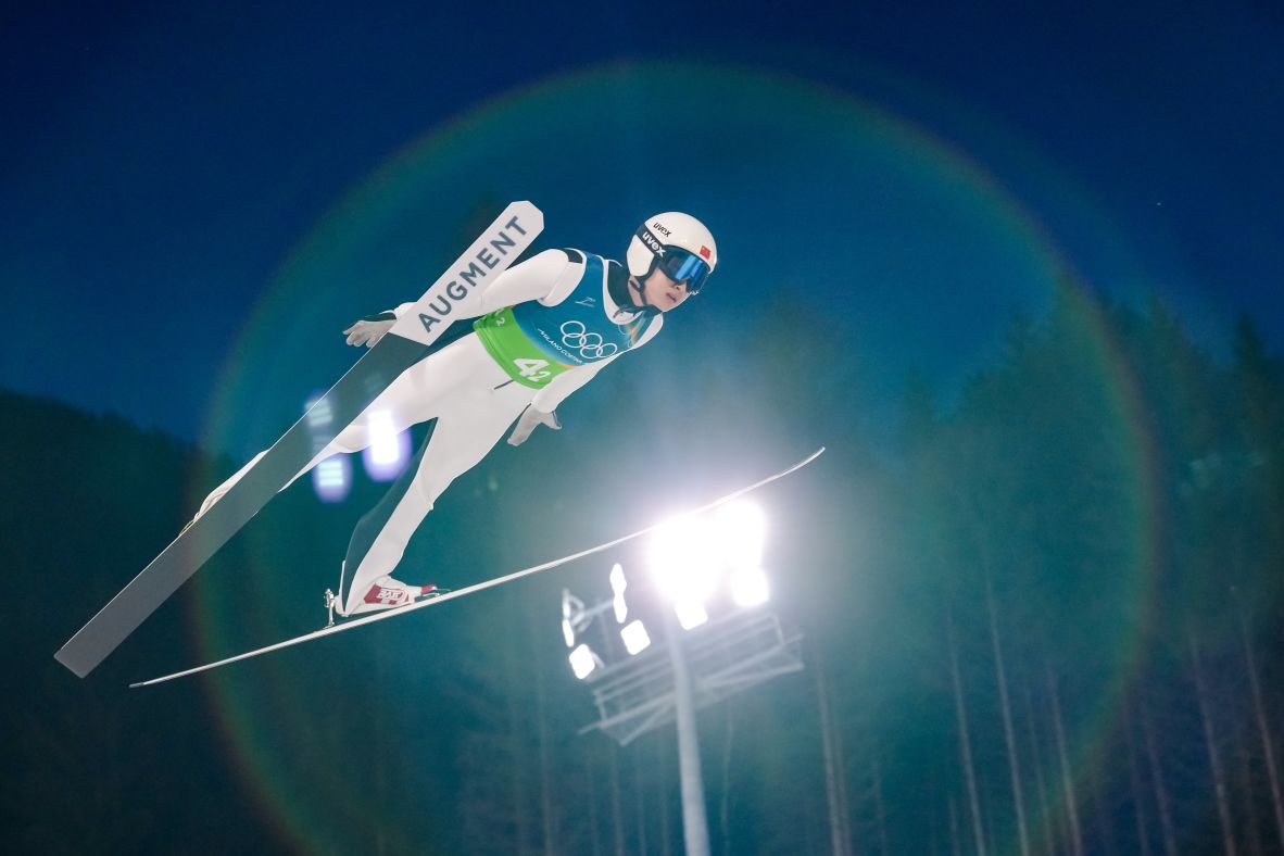 Chinese ski jumper Song Qiwu competes in the mixed team competition on February 10.