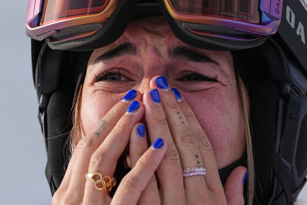 French skier Perrine Laffont reacts to winning the bronze medal in the moguls on February 11.