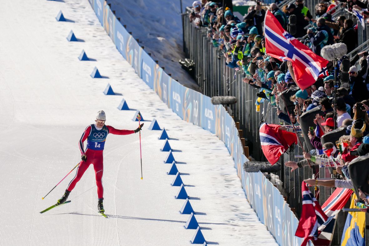 Johannes Høsflot Klæbo of Norway approaches the finish line to win the gold medal in the men’s cross-country 4 x 7.5km relay on Sunday, February 15. After winning the ninth gold of his career, Klaebo became the <a href=