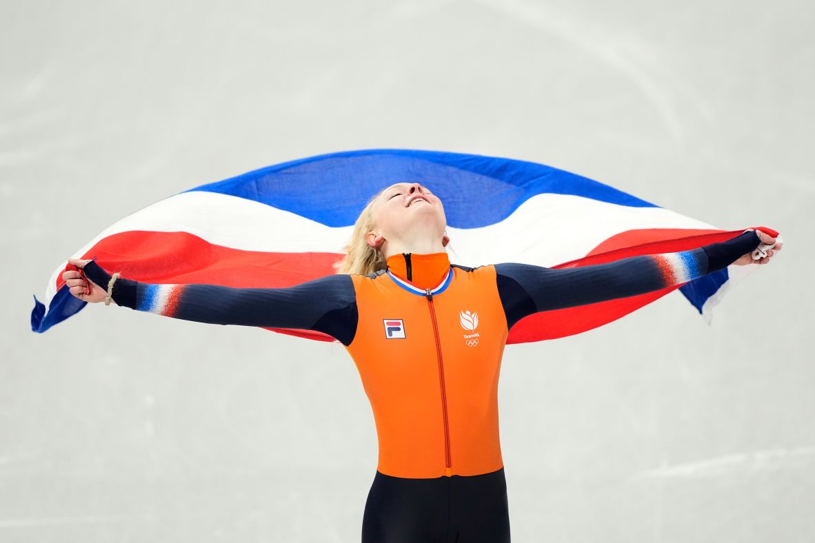 Gold medalist Xandra Velzeboer of the Netherlands celebrates after winning the short track speed skating 1000m on February 16. It was <a href=