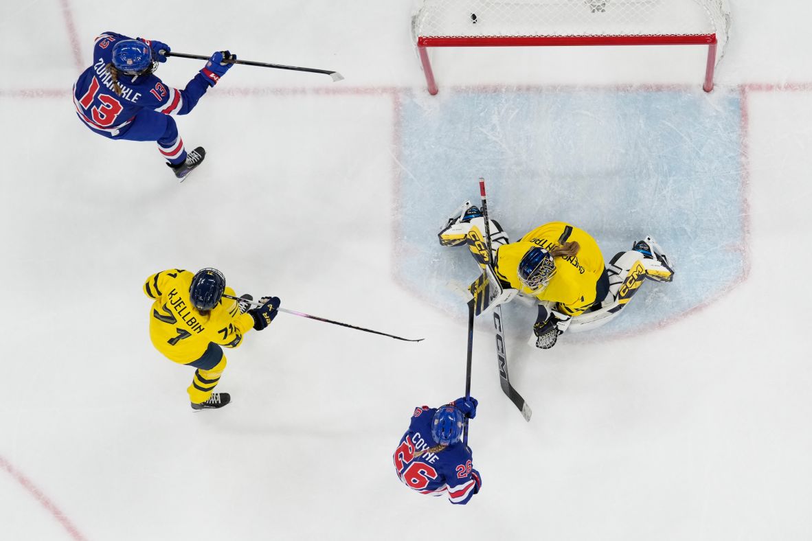Team USA's Kendall Coyne scores her side's fourth goal in the women's hockey semifinals against Sweden on February 16. <a href=