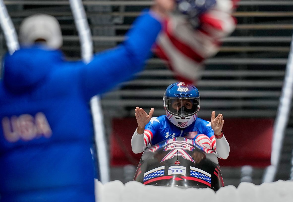 American Elana Meyers Taylor celebrates at the finish in the women's monobob on February 16. She earned <a href=