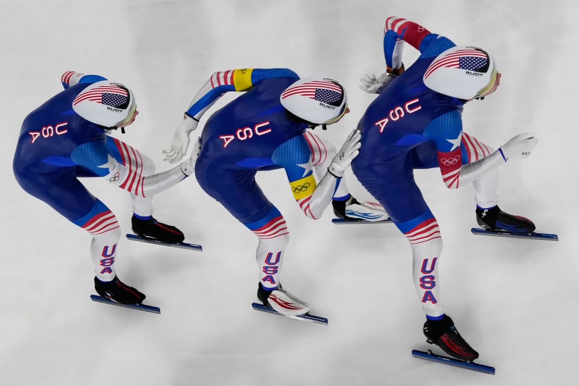From left, US speedskaters Ethan Cepuran, Emery Lehman and Casey Dawson compete in the team pursuit final on February 17.