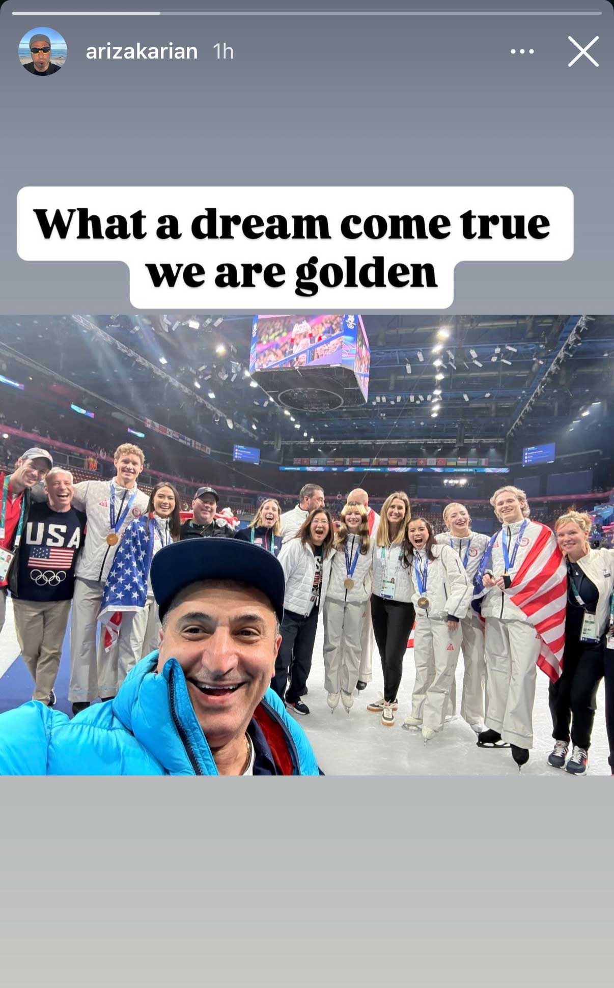 Ari Zakarian takes a selfie with the US figure skating team after winning gold at Milan