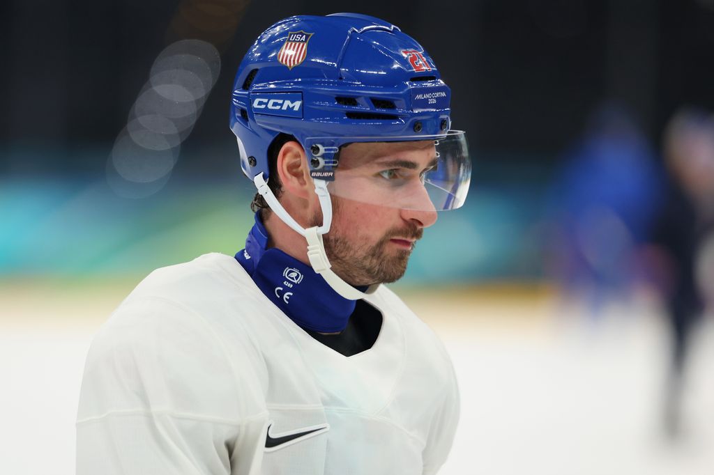 Dylan Larkin #21 of Team United States takes part during training on day two of the Milano Cortina 2026 Winter Olympic games at Milano Santagiulia Ice Hockey Arena on February 08, 2026 in Milan, Italy. (Photo by Gregory Shamus/Getty Images)