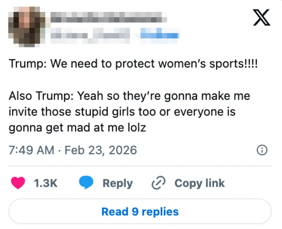 Social media post parodying Trump, expressing mock support for women's sports, followed by a sarcastic comment