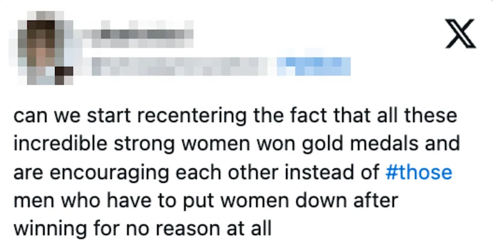 Tweet about celebrating strong women gold medalists supporting each other, contrasting with men who criticize them unnecessarily