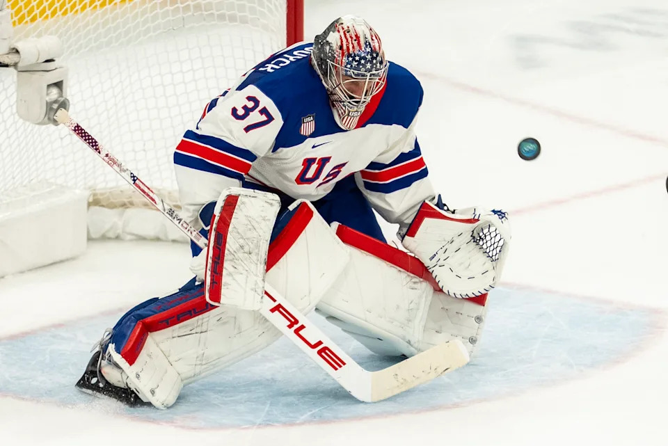 Connor Hellebuyck during the Men's Playoffs Semi-final match between USA and Slovakia of the Milano Cortina 2026 Winter Olympic games at Milano Santagiulia Ice Hockey Arena on February 20, 2026 in Milan, Italy. (Photo by Andrzej Iwanczuk/NurPhoto via Getty Images)