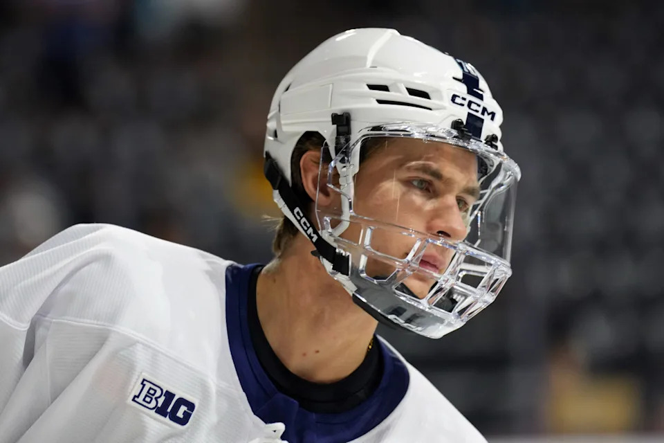 Penn State Nittany Lions forward Gavin McKenna warms up before a college hockey game.Joe Camporeale-Imagn Images