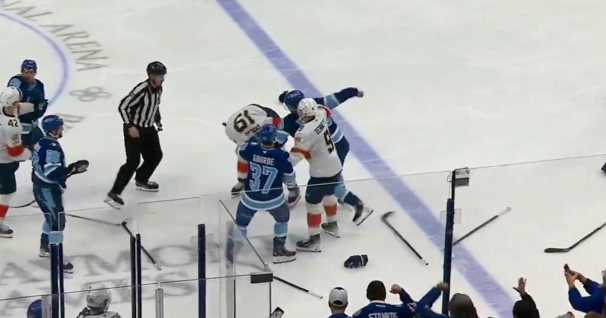 Brandon Hagel beats the wheels off Matthew Tkachuk while Tkachuk tries to turtle away