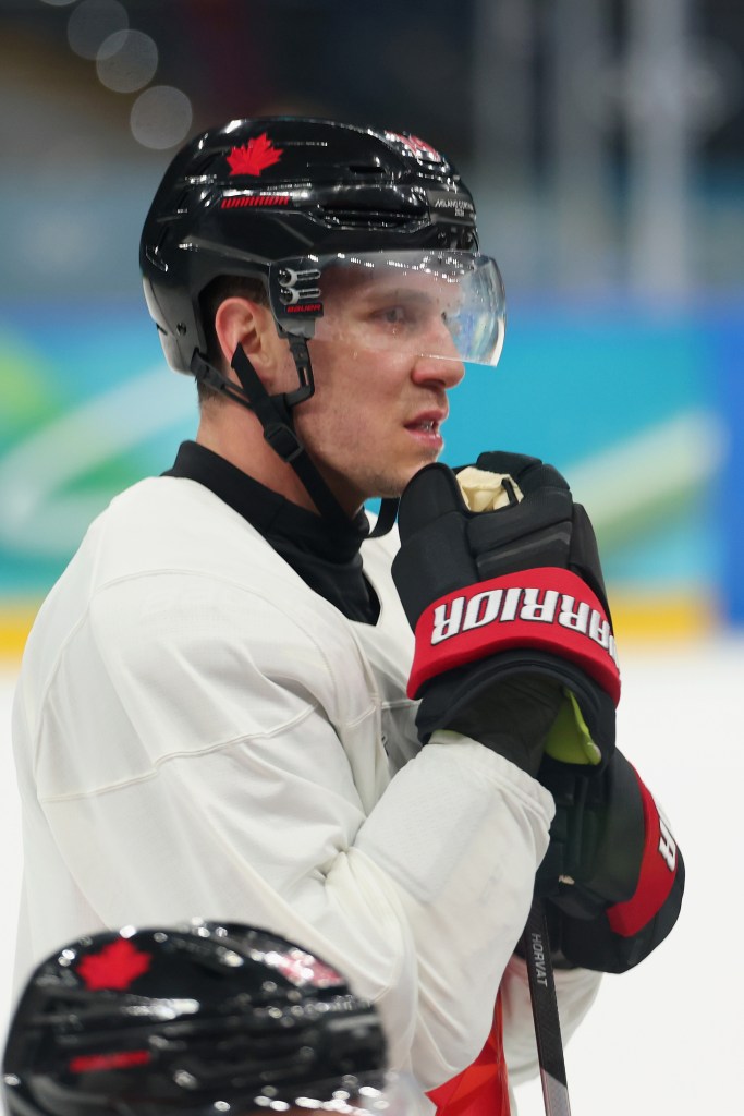 Bo Horvat of Team Canada during Milano Cortina 2026 Winter Olympics ice hockey training.