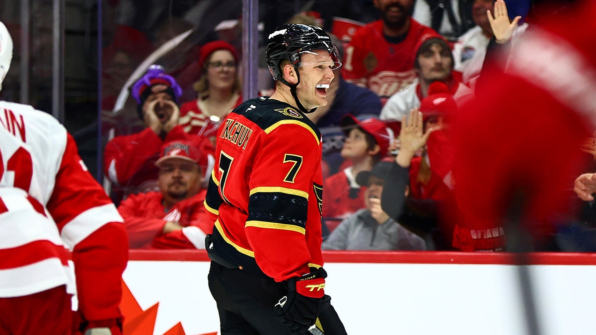 Brady Tkachuk celebrates