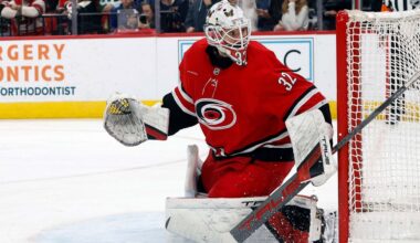 FILE - Carolina Hurricanes goaltender Brandon Bussi watches the puck during the third period of an NHL hockey game against the New York Rangers in Raleigh, N.C., Dec. 29, 2025. (AP Photo/Karl DeBlaker, File)