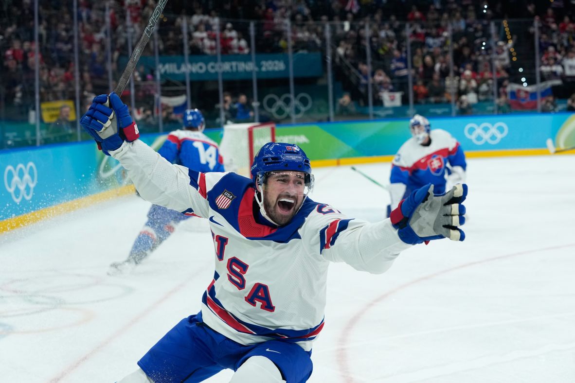 US hockey player Dylan Larkin celebrates after scoring the opening goal against Slovakia on Friday, February 20. The US won 6-2, setting up a gold medal showdown with Canada.