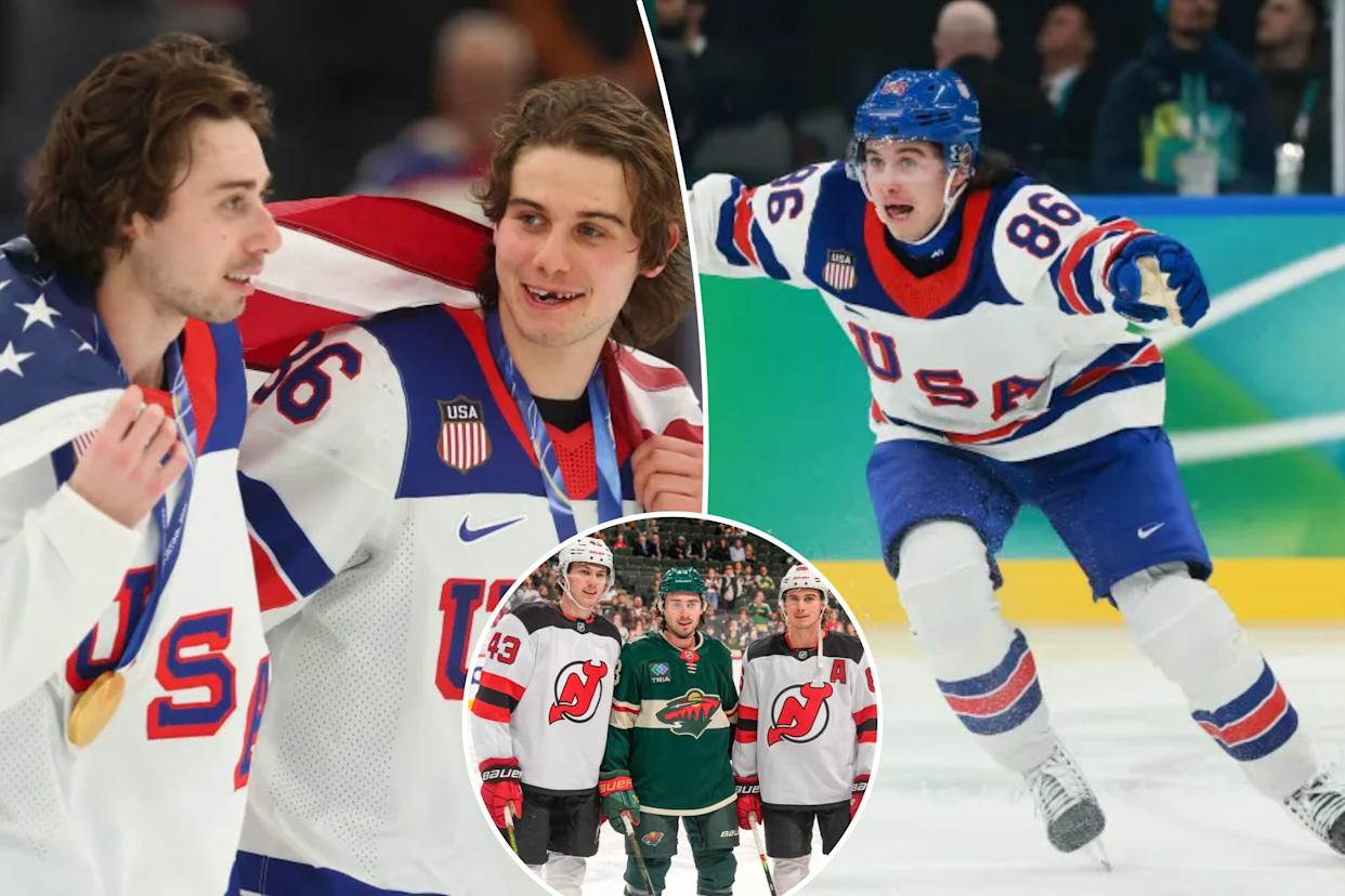 An image collage containing 3 images, Image 1 shows Two male ice hockey players from the USA team, wrapped in an American flag, display their gold medals at the Milano Cortina 2026 Winter Olympics, Image 2 shows An ice hockey player in a USA jersey on the rink, Image 3 shows Quinn Hughes of the Minnesota Wild poses with brothers Luke and Jack Hughes of the New Jersey Devils before a game