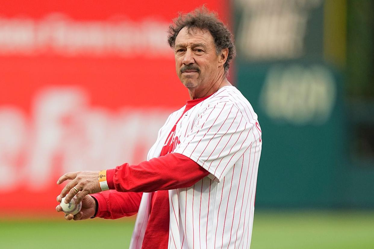 Guy Gaudreau throws out the first pitch on May 27, 2025 in Philadelphia, Pennsylvania. Mitchell Leff/Getty