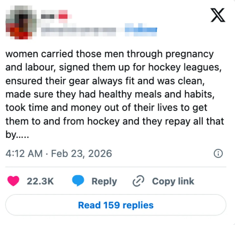 Summary of social media post about women supporting men's hockey careers by managing pregnancy, labor, meals, habits, and transportation