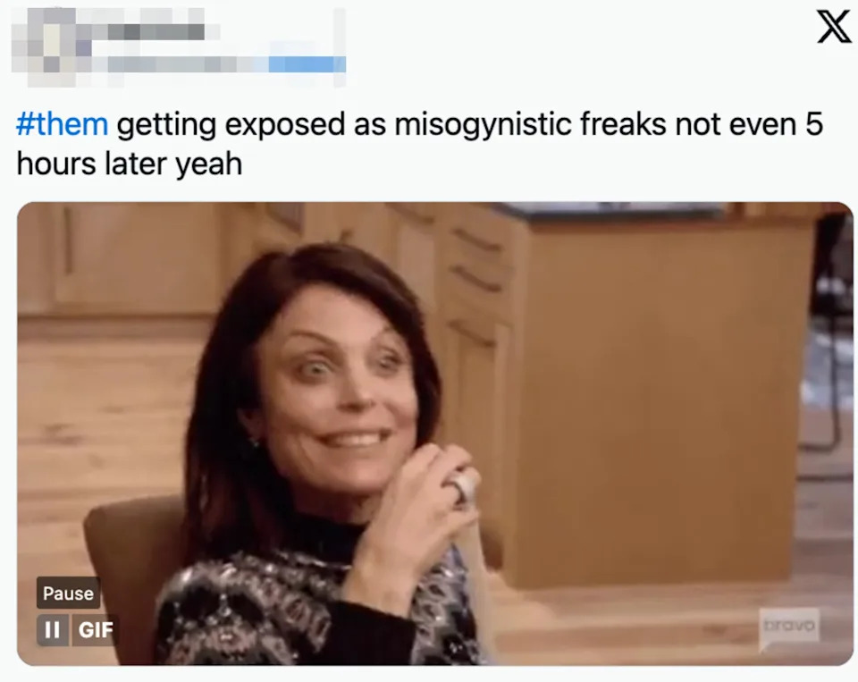 Woman smiling and holding drink in kitchen, with caption about misogynistic people being exposed quickly